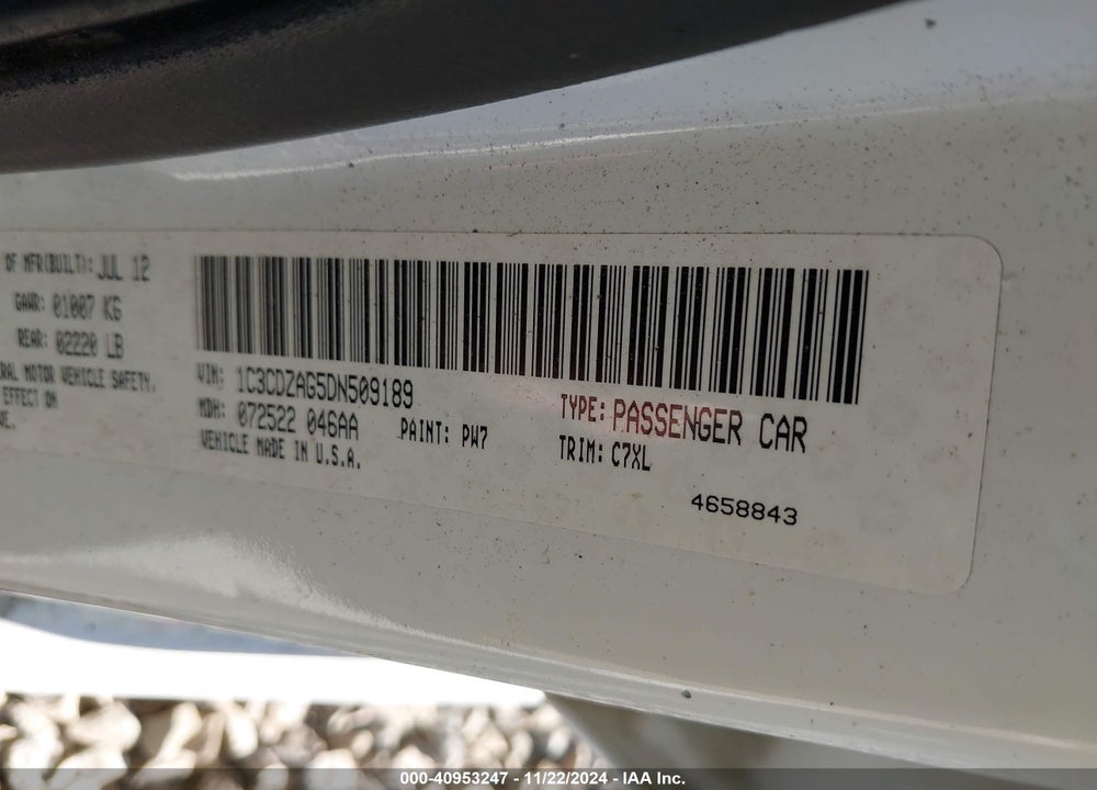 2013 DODGE AVENGER SE V6 VIN: 1C3CDZAG5DN509189