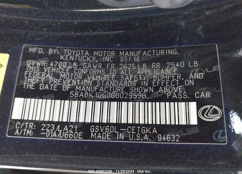 2016 LEXUS ES 350 VIN: 58ABK1GG0GU029596