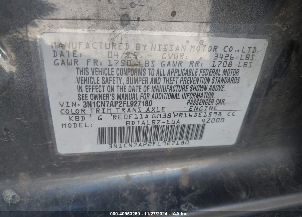2015 NISSAN VERSA 1.6 SV VIN: 3N1CN7AP2FL927180