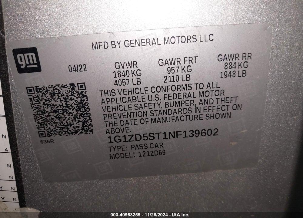 2022 CHEVROLET MALIBU VIN: 1G1ZD5ST1NF139602