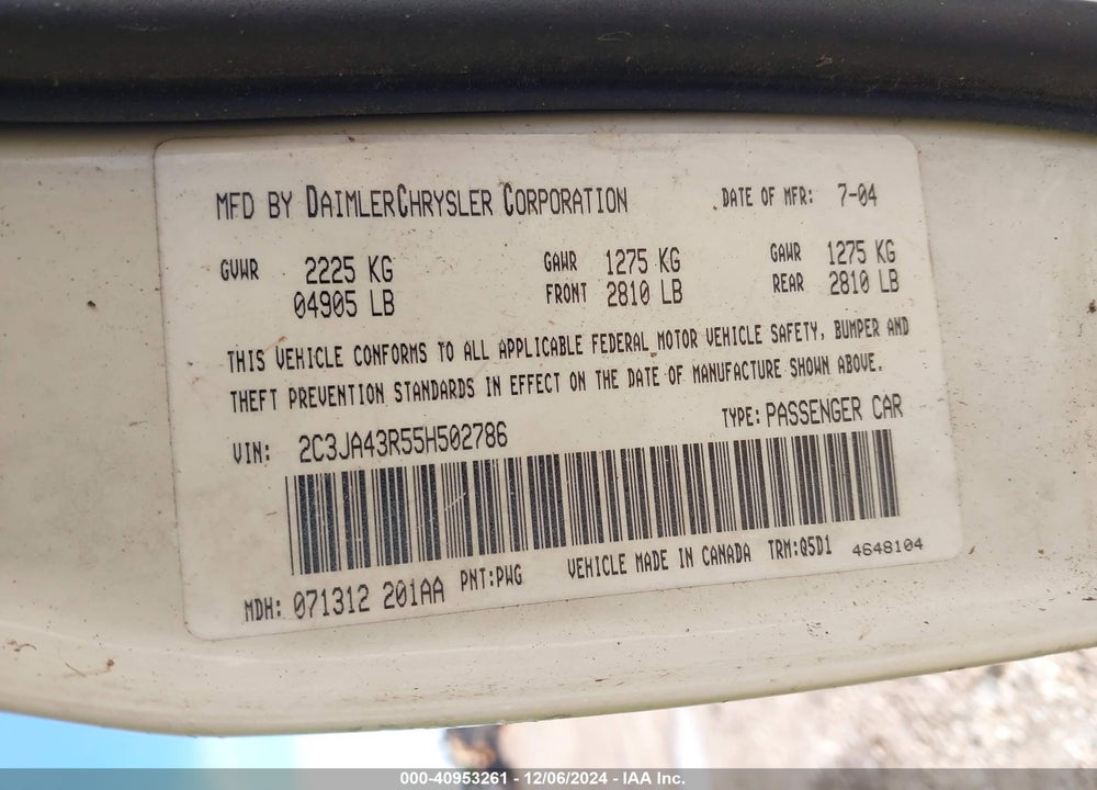 2005 CHRYSLER 300 VIN: 2C3JA43R55H502786