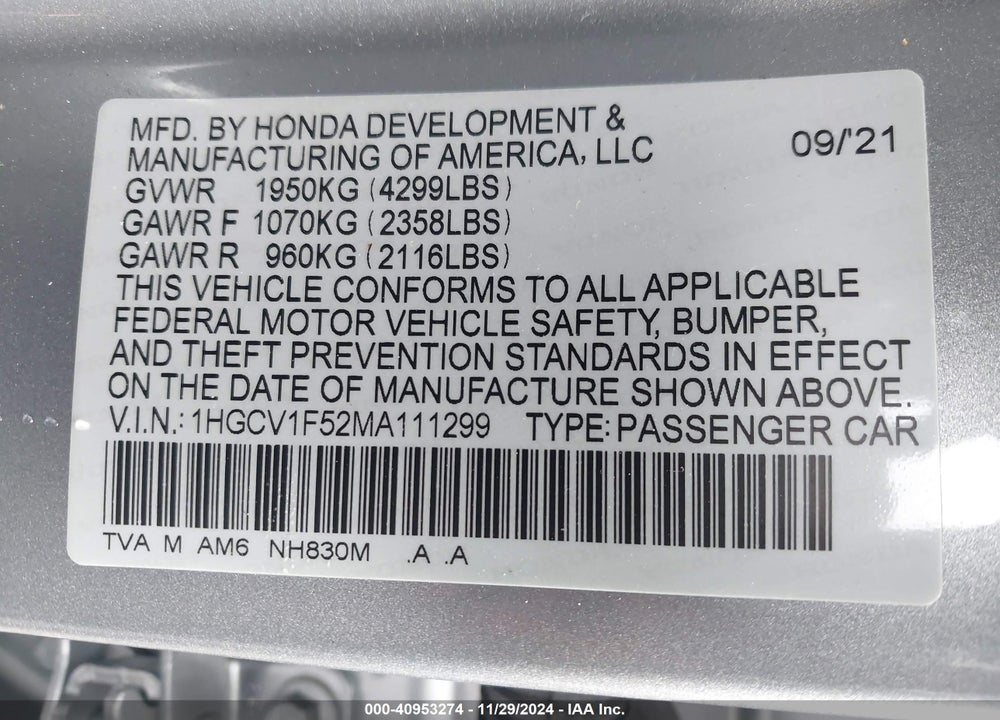 2021 HONDA ACCORD EX-L VIN: 1HGCV1F52MA111299