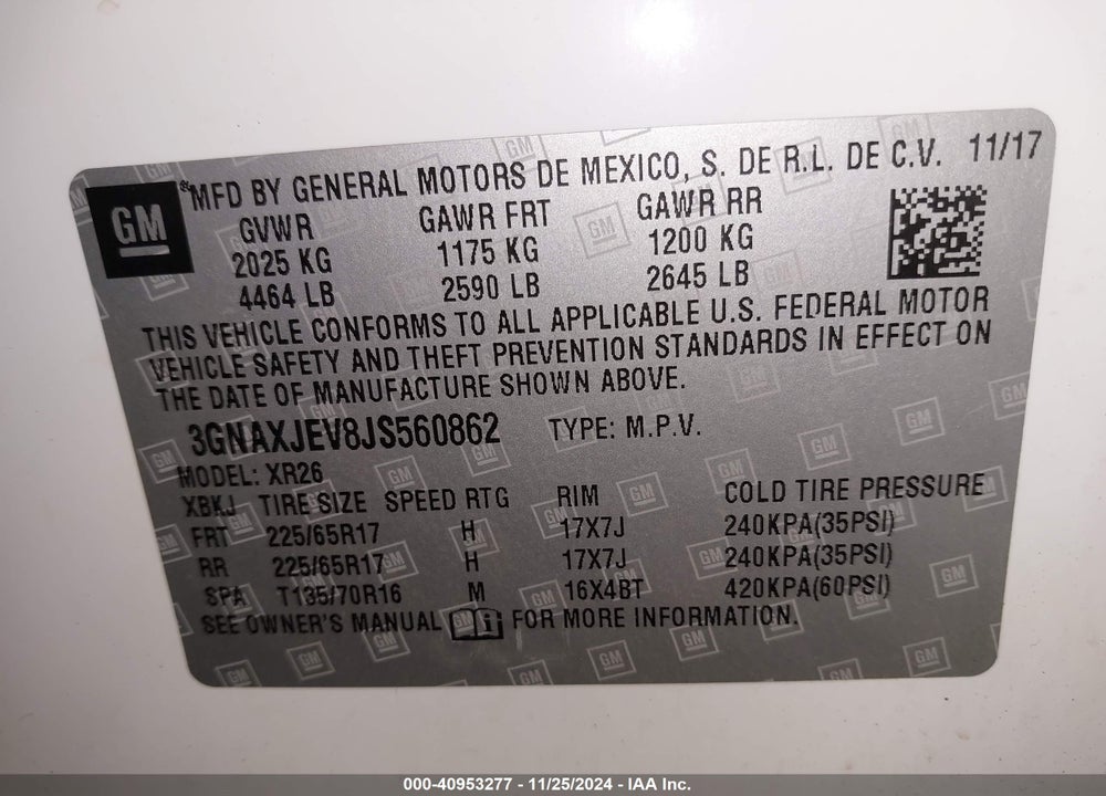 2018 CHEVROLET EQUINOX LT VIN: 3GNAXJEV8JS560862