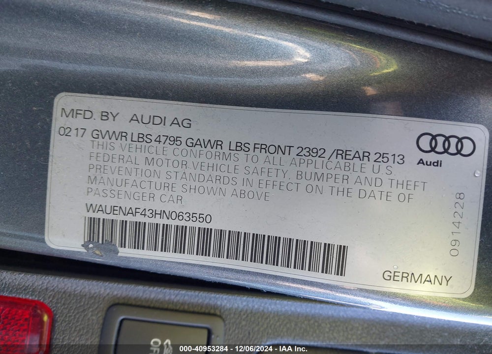 2017 AUDI A4 2.0T PREMIUM VIN: WAUENAF43HN063550