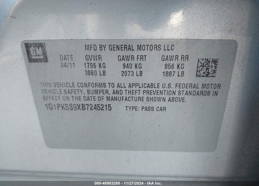 2011 CHEVROLET CRUZE ECO VIN: 1G1PK5S9XB7245215