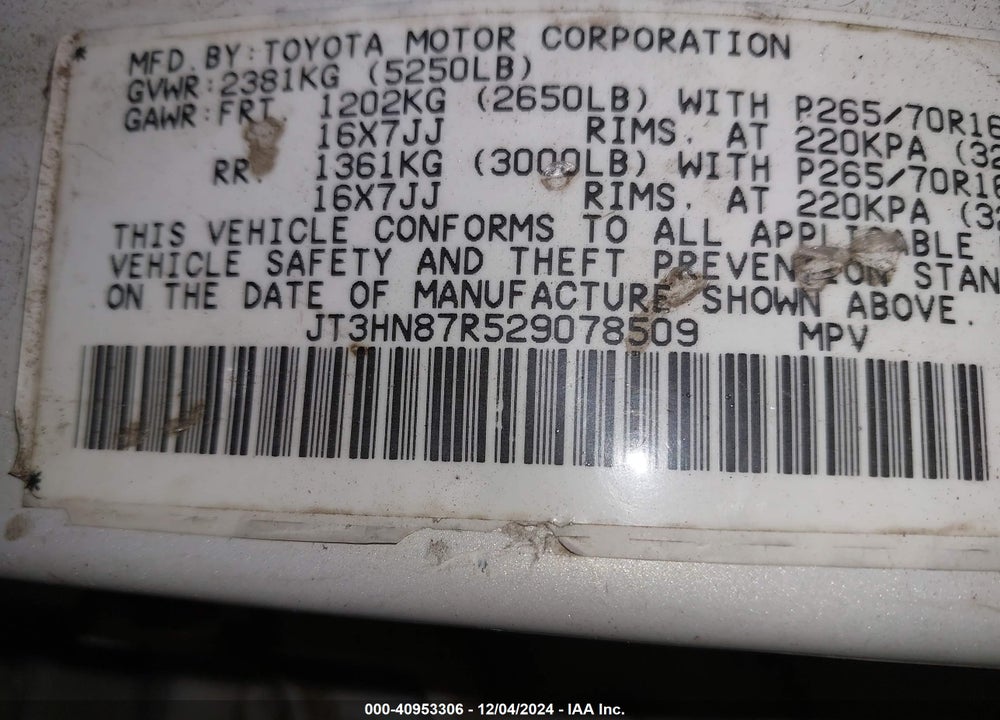 2002 TOYOTA 4RUNNER LIMITED V6 VIN: JT3HN87R529078509