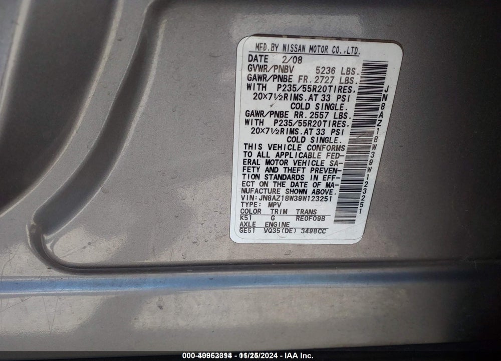2009 NISSAN MURANO VIN: JN8AZ18W39W123251