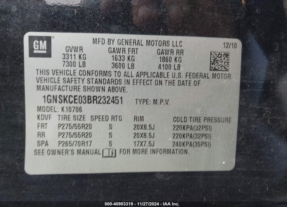 2011 CHEVROLET TAHOE LTZ VIN: 1GNSKCE03BR232451