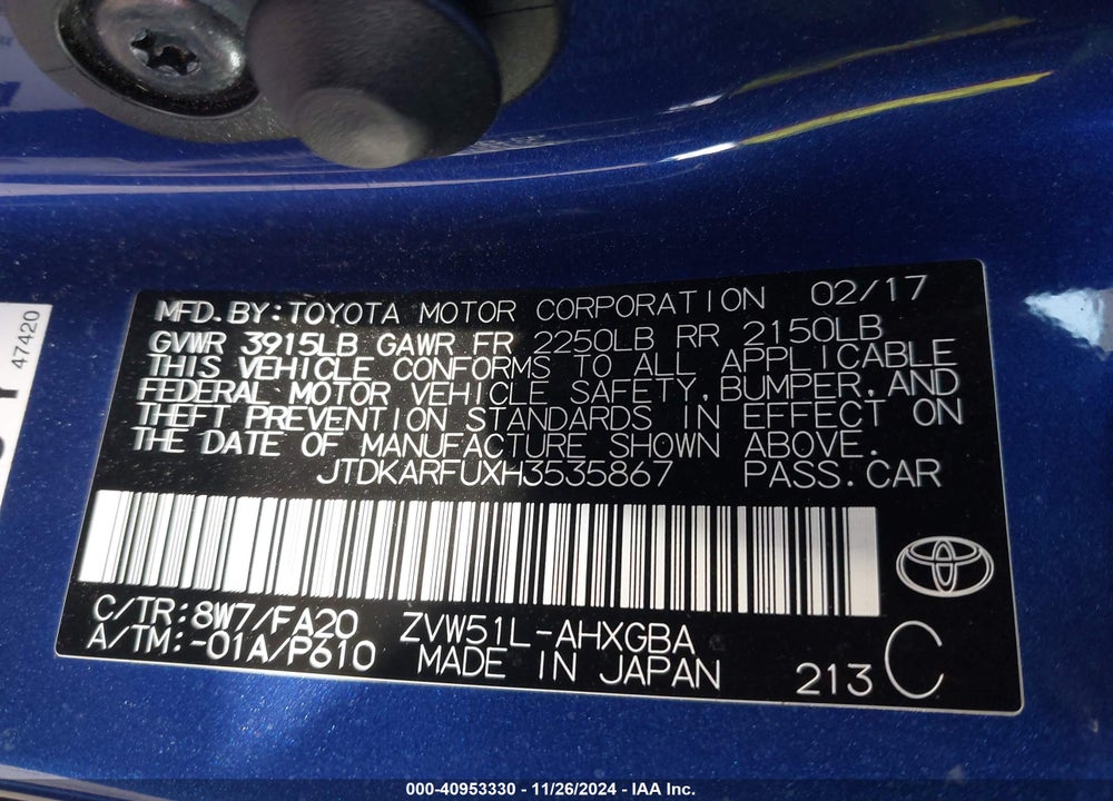 2017 TOYOTA PRIUS THREE VIN: JTDKARFUXH3535867
