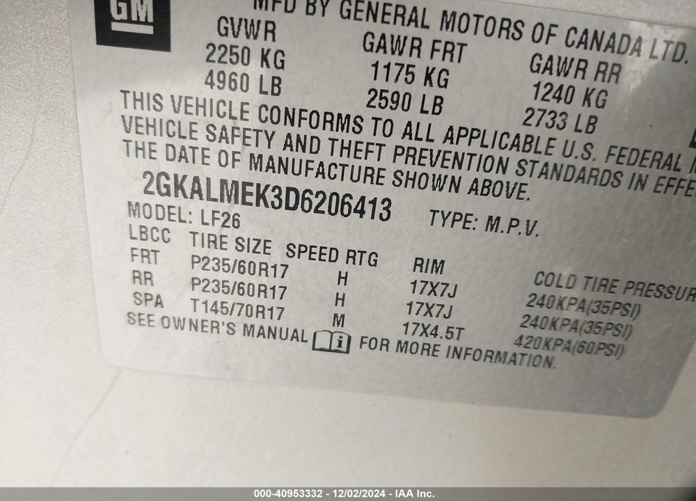 2013 GMC TERRAIN SLE-1 VIN: 2GKALMEK3D6206413