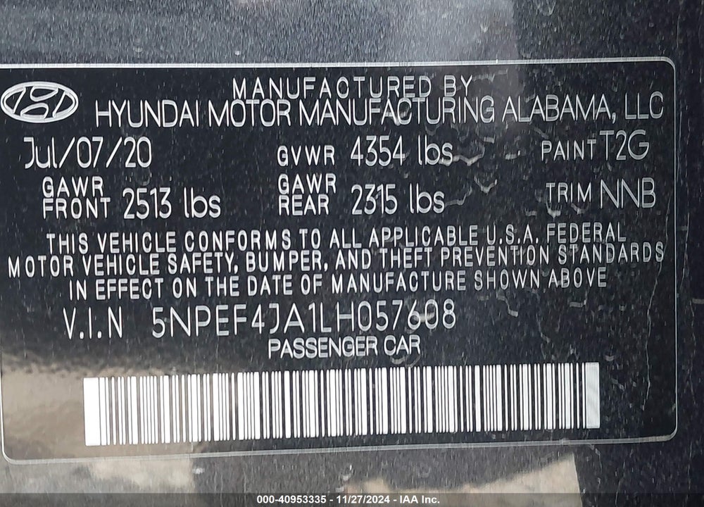 2020 HYUNDAI SONATA SEL VIN: 5NPEF4JA1LH057608