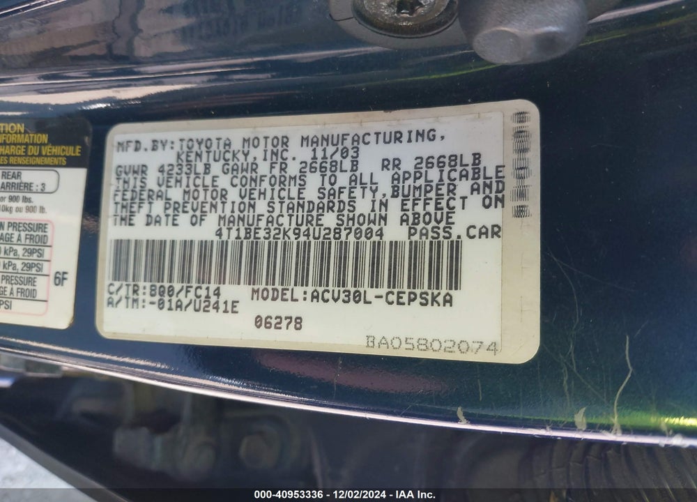 2004 TOYOTA CAMRY SE VIN: 4T1BE32K94U287004