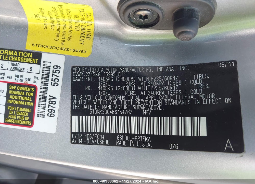 2011 TOYOTA SIENNA LE V6 VIN: 5TDKK3DC4BS154767