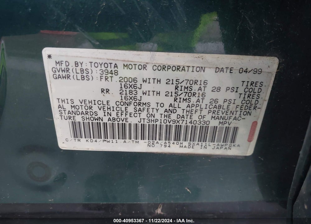 1999 TOYOTA RAV4 VIN: JT3HP10V9X7140330