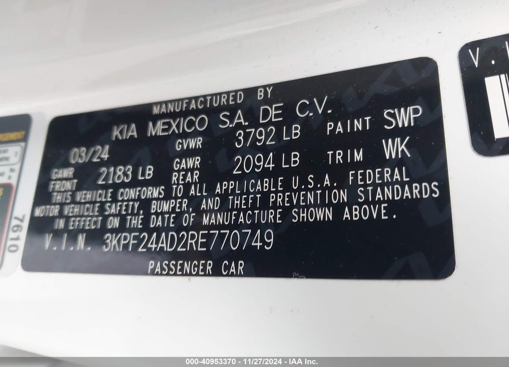 2024 KIA FORTE LXS VIN: 3KPF24AD2RE770749