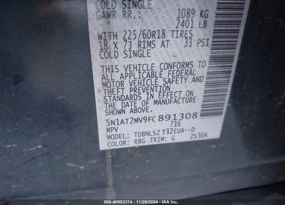 2015 NISSAN ROGUE SL VIN: 5N1AT2MV9FC891308