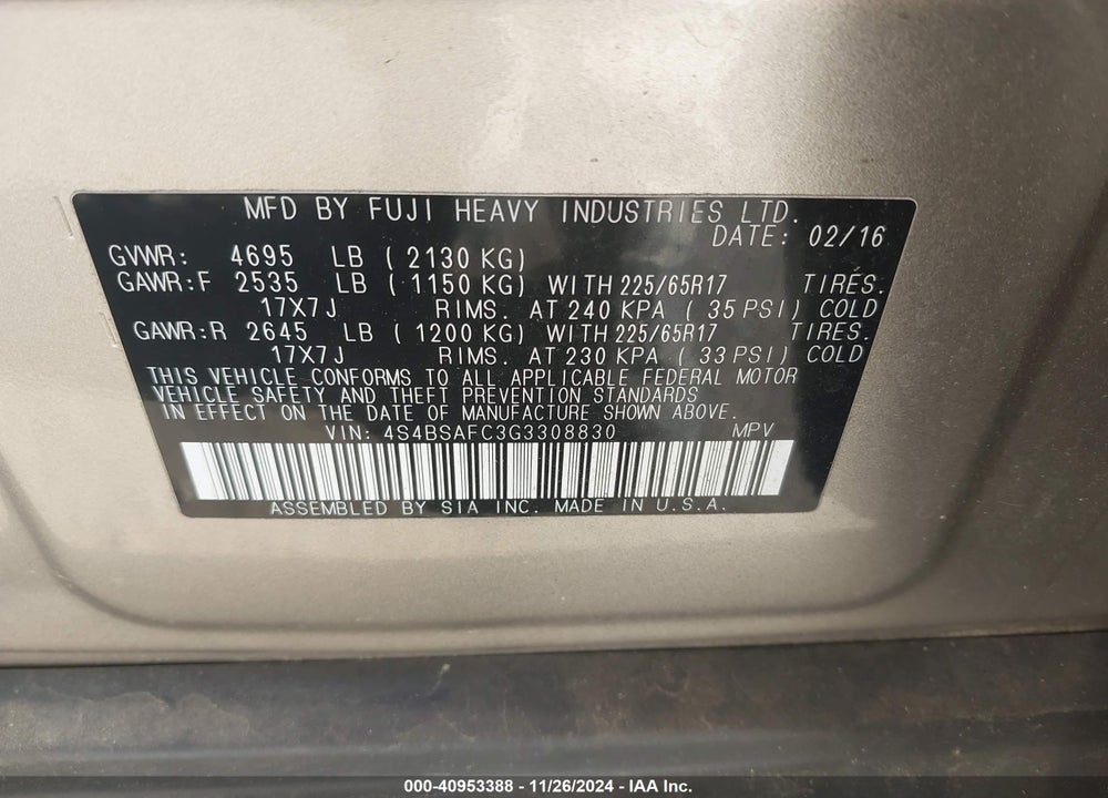 2016 SUBARU OUTBACK 2.5I PREMIUM VIN: 4S4BSAFC3G3308830