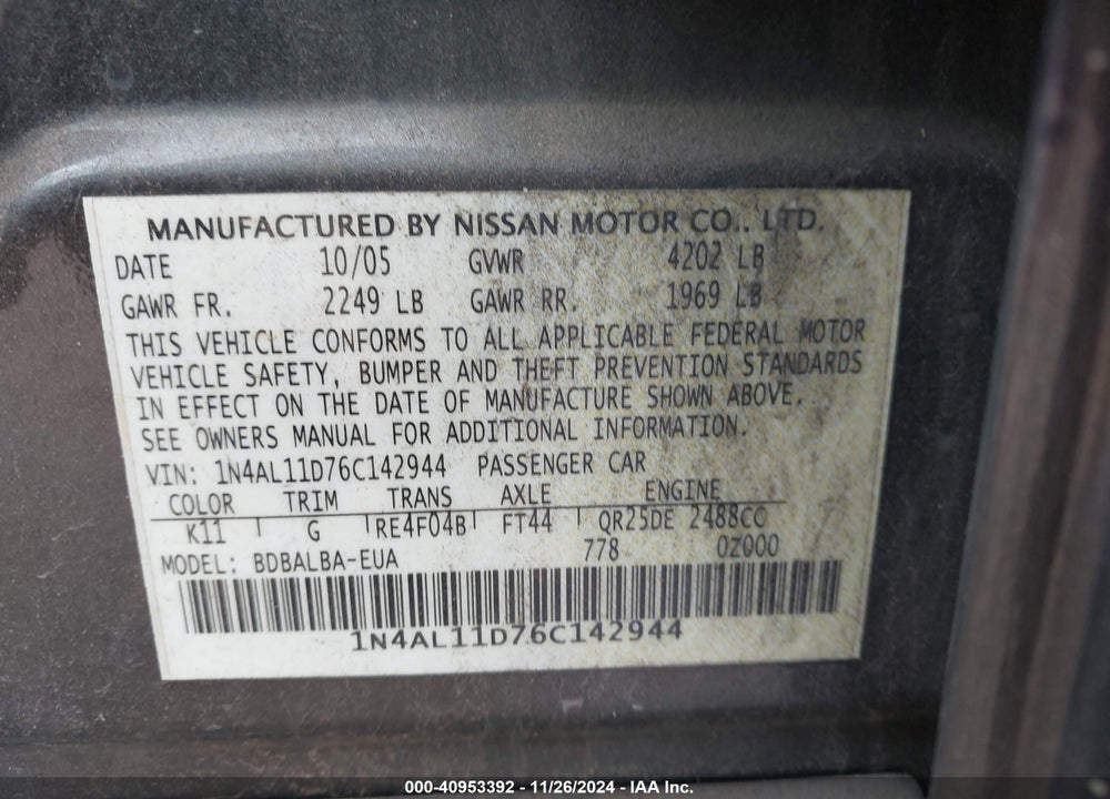 2006 NISSAN ALTIMA 2.5 S VIN: 1N4AL11D76C142944