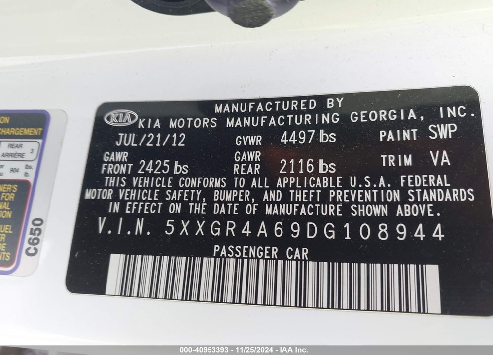 2013 KIA OPTIMA SX VIN: 5XXGR4A69DG108944