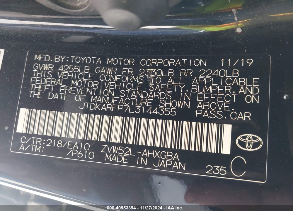 2020 TOYOTA PRIUS PRIME LIMITED VIN: JTDKARFP7L3144355