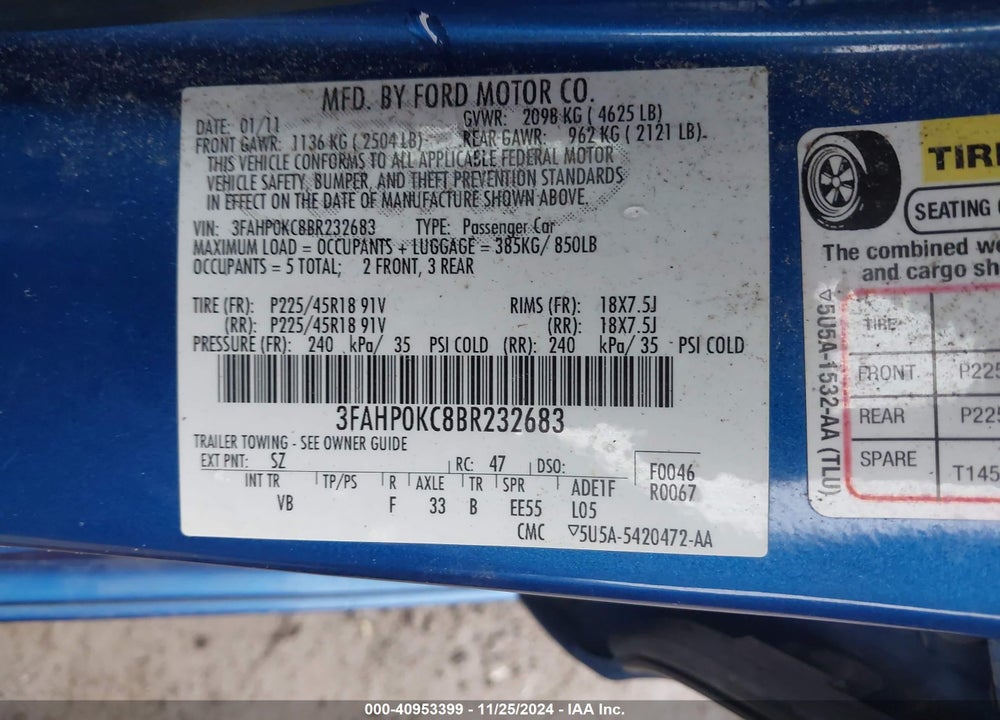 2011 FORD FUSION SPORT VIN: 3FAHP0KC8BR232683