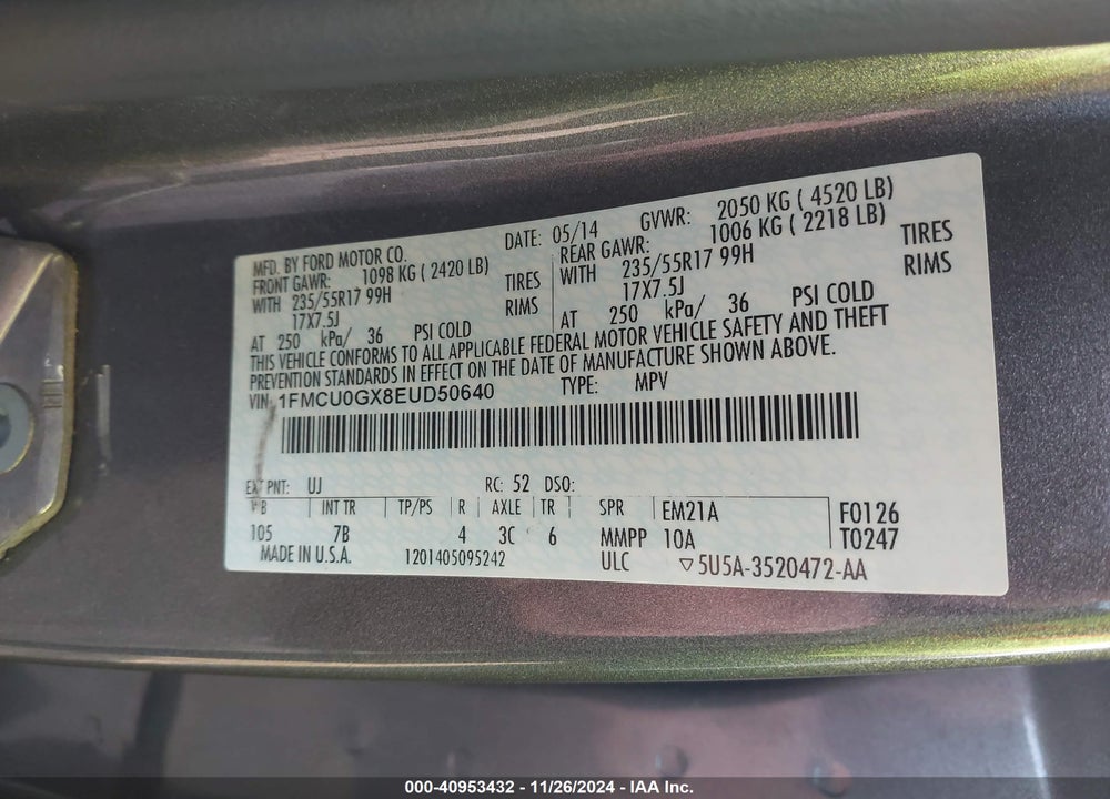 2014 FORD ESCAPE SE VIN: 1FMCU0GX8EUD50640