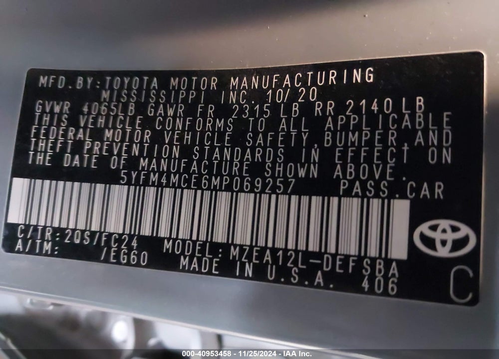 2021 TOYOTA COROLLA VIN: 5YFM4MCE6MP069257
