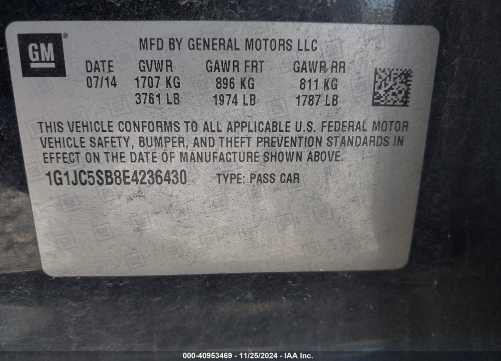 2014 CHEVROLET SONIC LT AUTO VIN: 1G1JC5SB8E4236430
