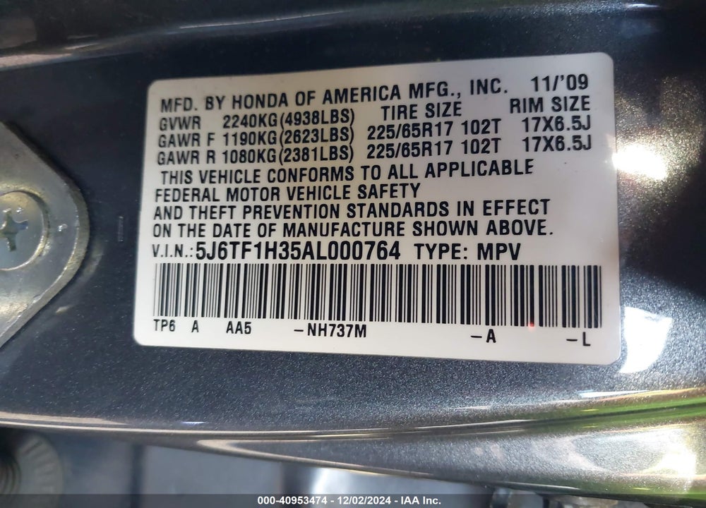 2010 HONDA ACCORD CROSSTOUR EX VIN: 5J6TF1H35AL000764