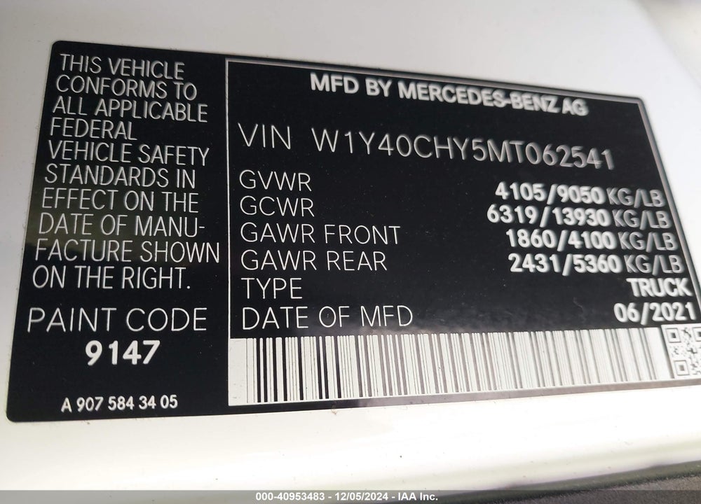 2021 MERCEDES-BENZ SPRINTER 2500 HIGH ROOF I4 VIN: W1Y40CHY5MT062541