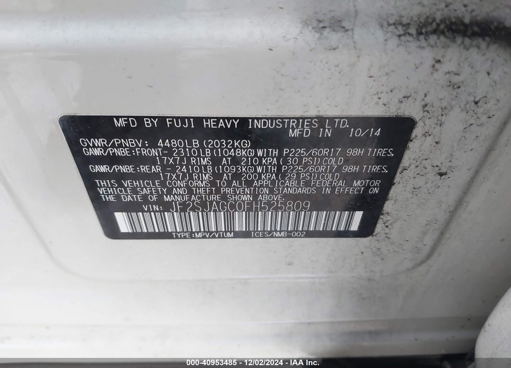 2015 SUBARU FORESTER 2.5I PREMIUM VIN: JF2SJAGC0FH525809