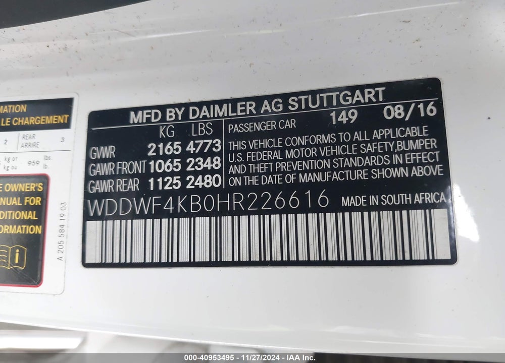 2017 MERCEDES-BENZ C CLASS VIN: WDDWF4KB0HR226616