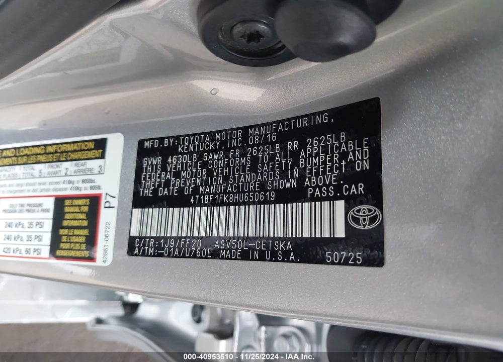 2017 TOYOTA CAMRY SE VIN: 4T1BF1FK8HU650619