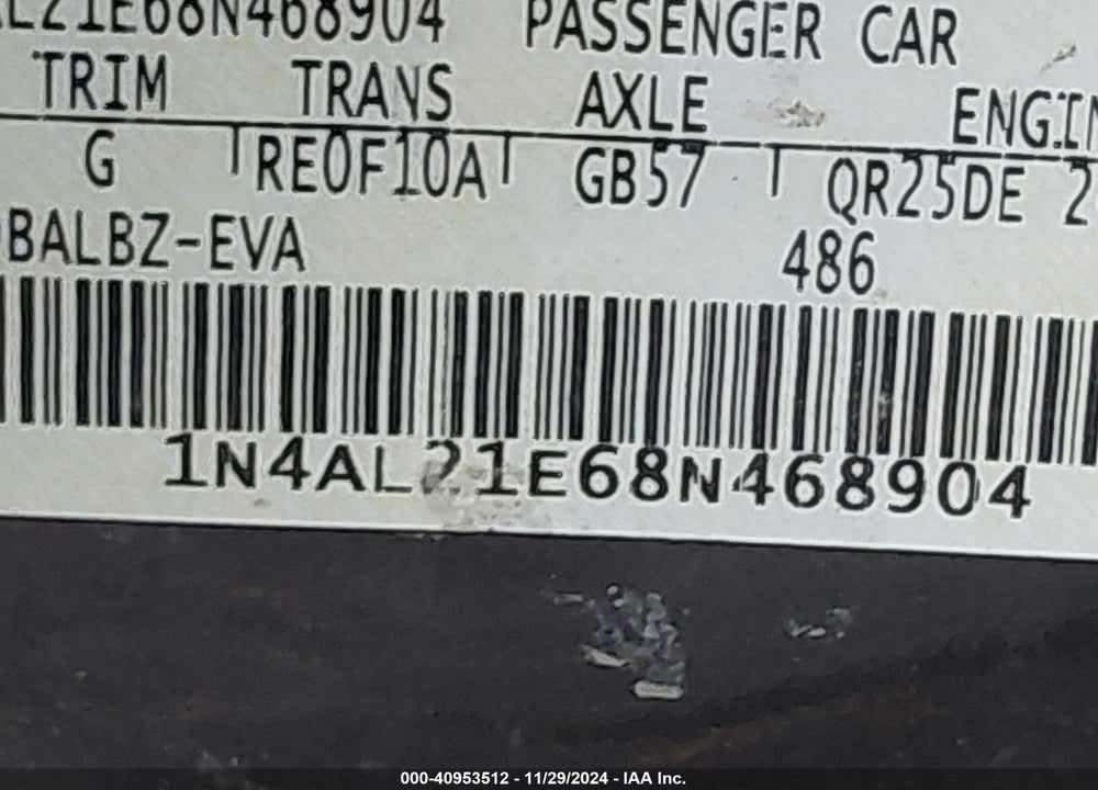 2008 NISSAN ALTIMA VIN: 1N4AL21E68N468904