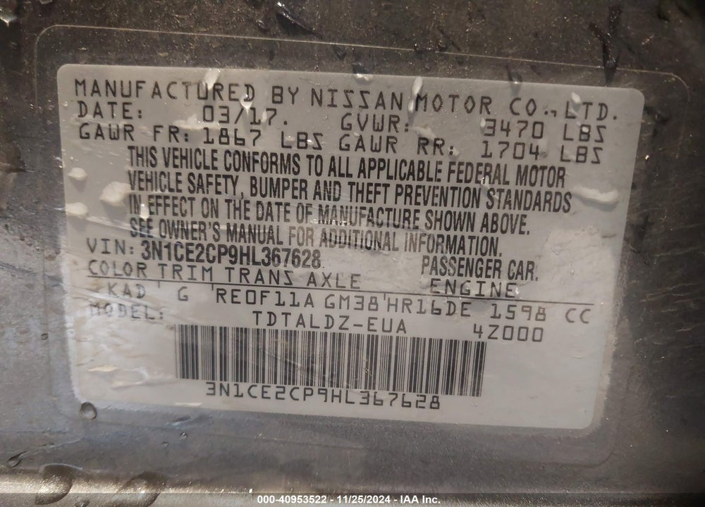 2017 NISSAN VERSA NOTE SV VIN: 3N1CE2CP9HL367628