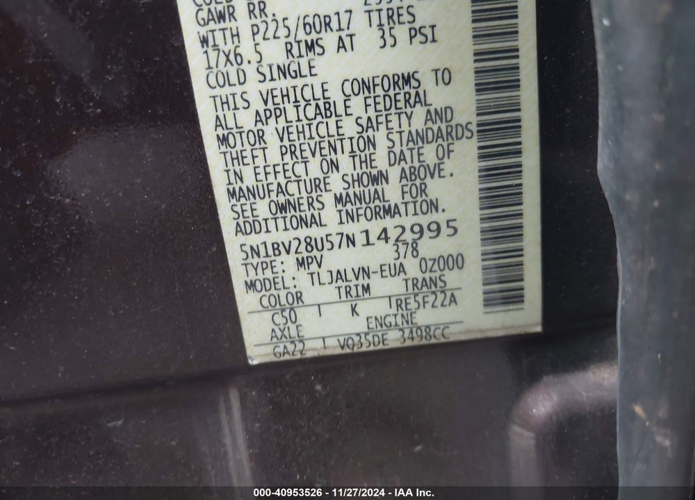 2007 NISSAN QUEST 3.5 SE VIN: 5N1BV28U57N142995