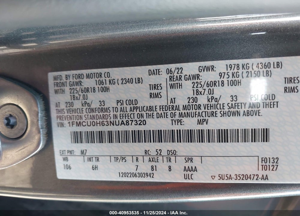 2022 FORD ESCAPE SEL VIN: 1FMCU0H63NUA87320