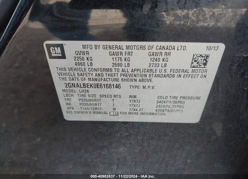 2014 CHEVROLET EQUINOX 1LT VIN: 2GNALBEK0E6168146