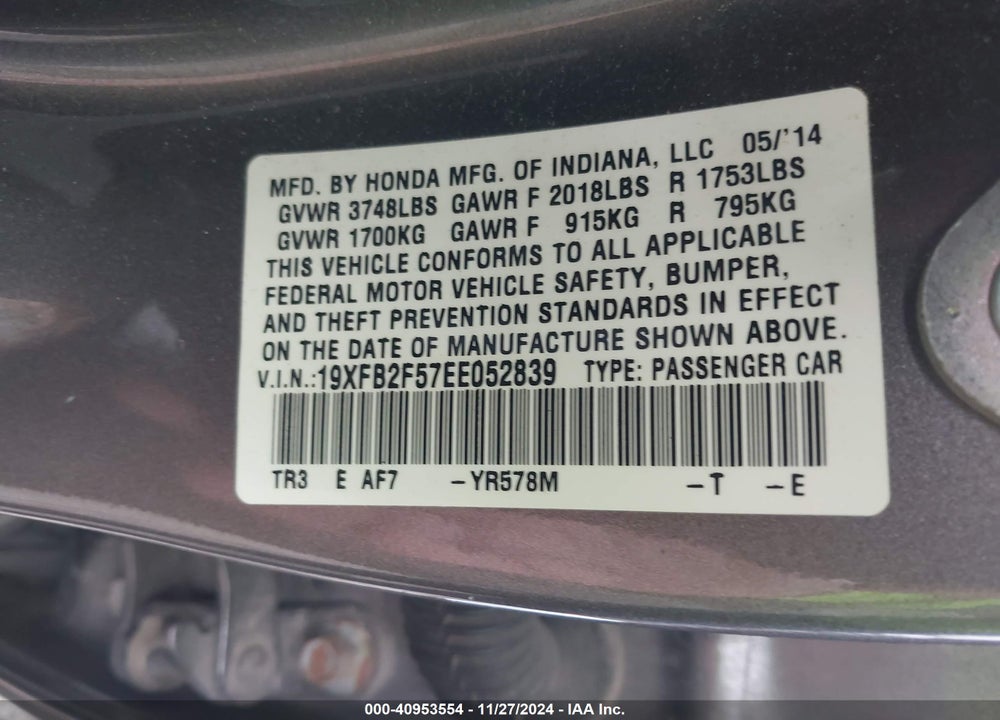 2014 HONDA CIVIC LX VIN: 19XFB2F57EE052839
