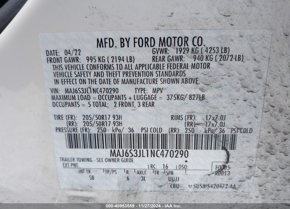 2022 FORD ECOSPORT SES VIN: MAJ6S3JL1NC470290