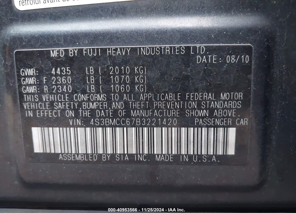 2011 SUBARU LEGACY VIN: 4S3BMCC67B3221420