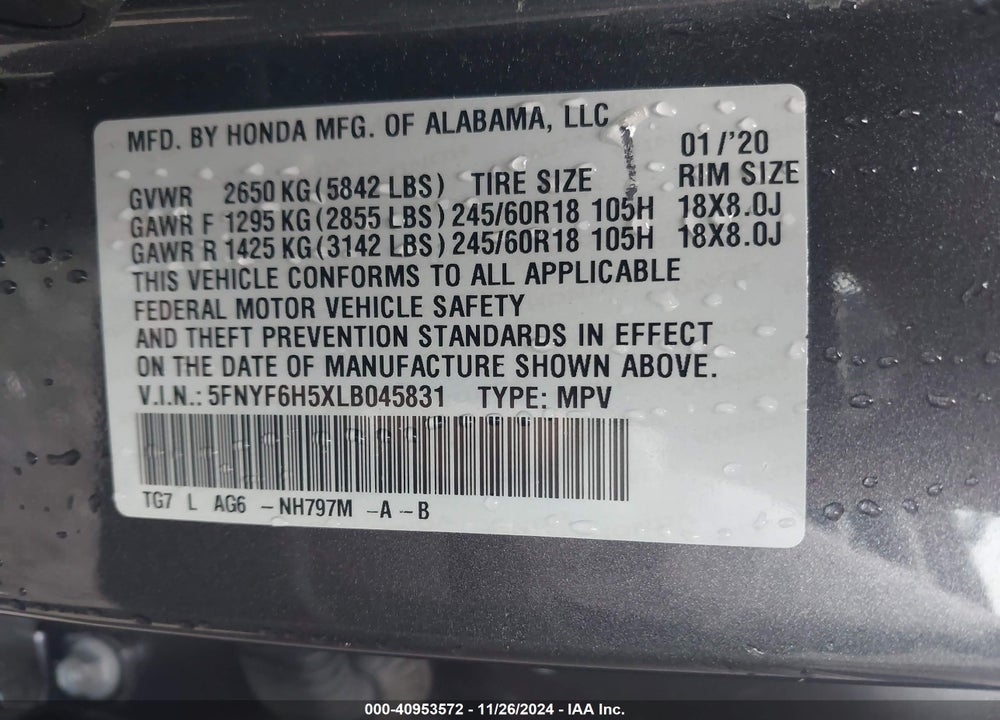 2020 HONDA PILOT AWD EX-L VIN: 5FNYF6H5XLB045831