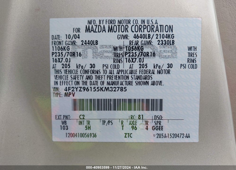 2005 MAZDA TRIBUTE S VIN: 4F2YZ96155KM32785
