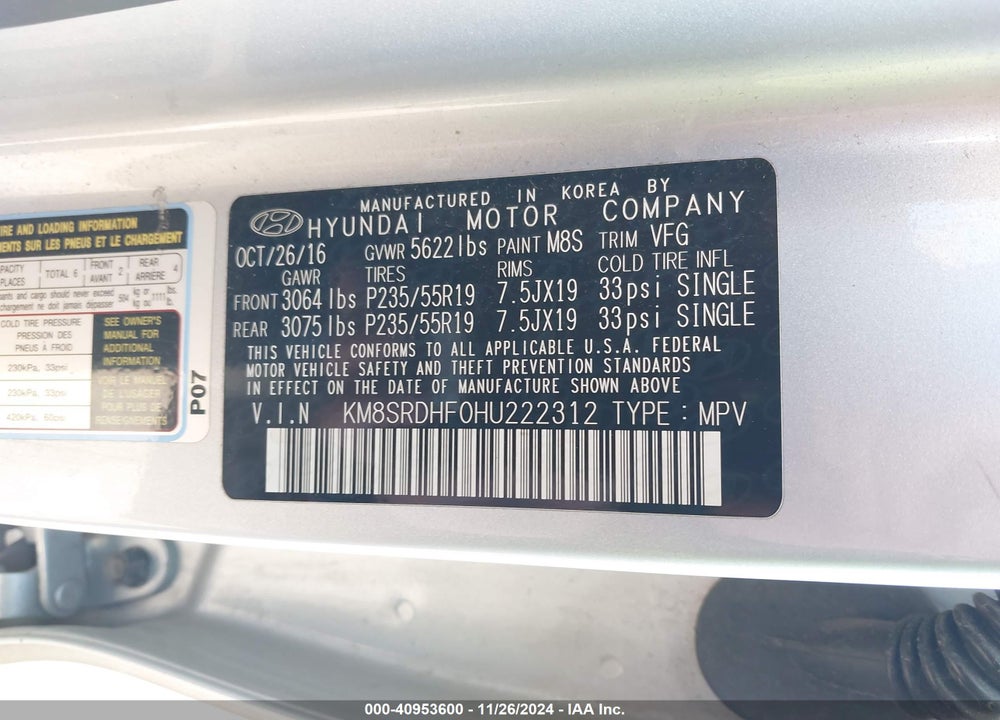 2017 HYUNDAI SANTA FE LIMITED ULTIMATE VIN: KM8SRDHF0HU222312