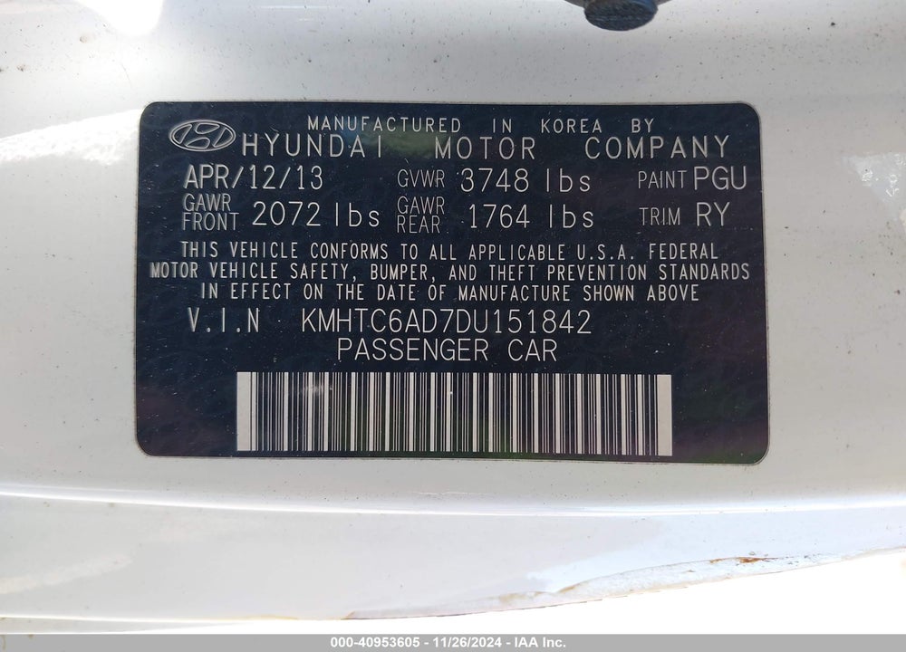 2013 HYUNDAI VELOSTER BASE W/BLACK VIN: KMHTC6AD7DU151842