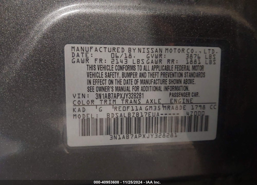 2018 NISSAN SENTRA S VIN: 3N1AB7APXJY328281
