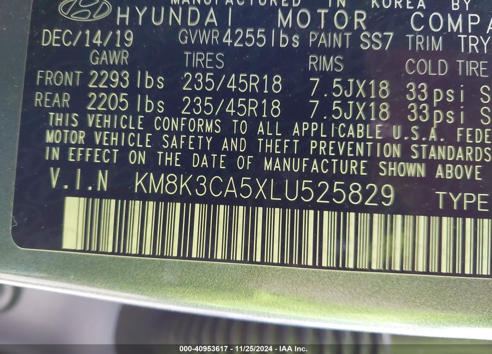 2020 HYUNDAI KONA LIMITED VIN: KM8K3CA5XLU525829