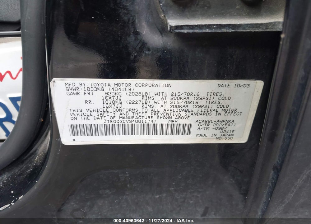 2004 TOYOTA RAV4 VIN: JTEGD20V340011747