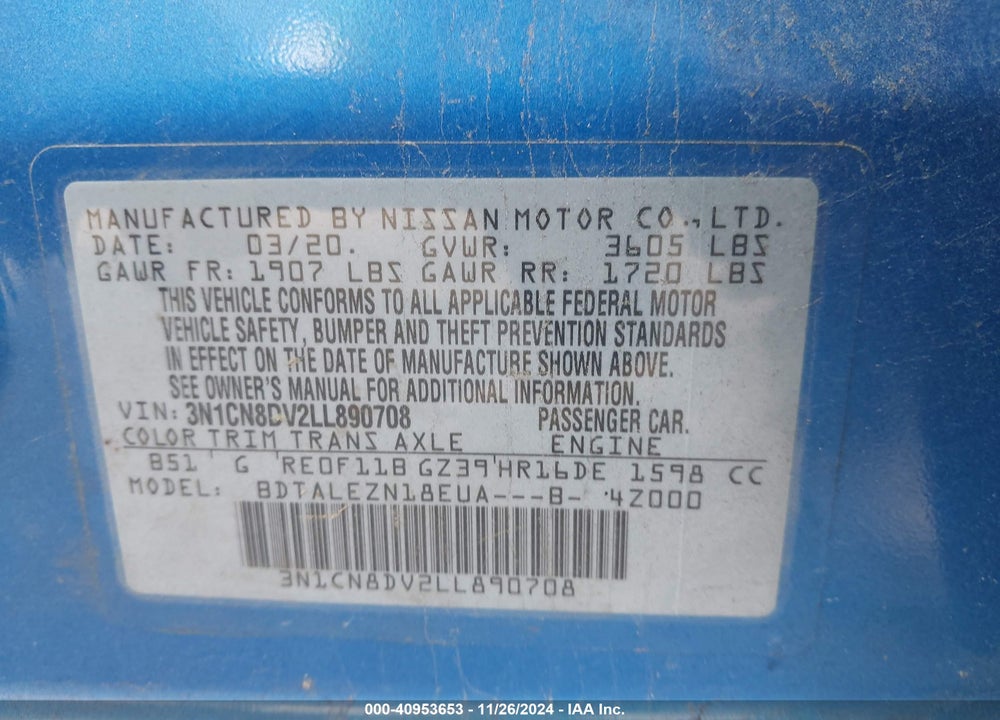 2020 NISSAN VERSA S XTRONIC CVT VIN: 3N1CN8DV2LL890708