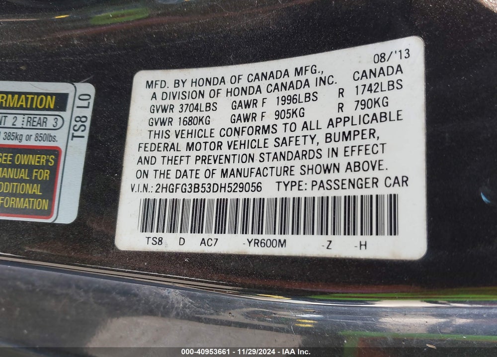 2013 HONDA CIVIC LX VIN: 2HGFG3B53DH529056